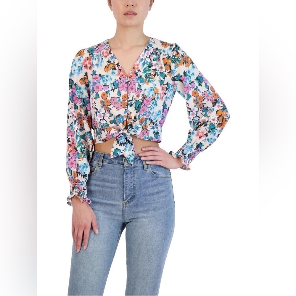 Womens Floral Print Knot-Front Blouse-Small - BCBGMAXAZRIA